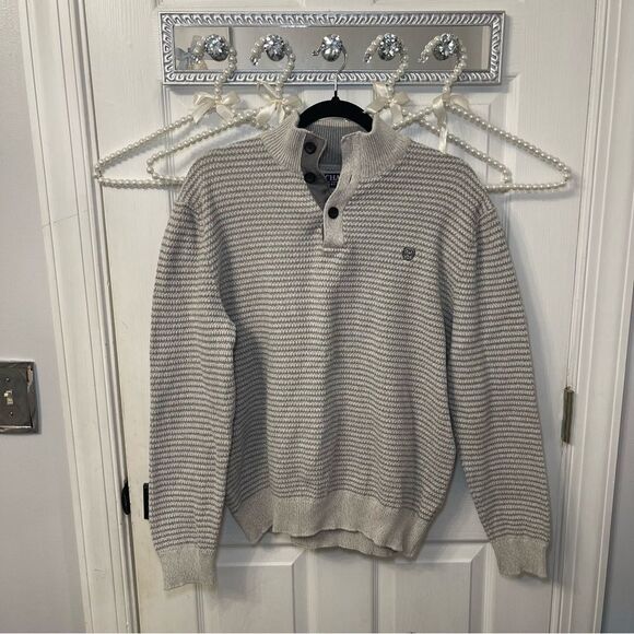 Chaps Light Gray 1/4 Button Henley Sweater w/ Elbow Patches - Picture 1 of 6